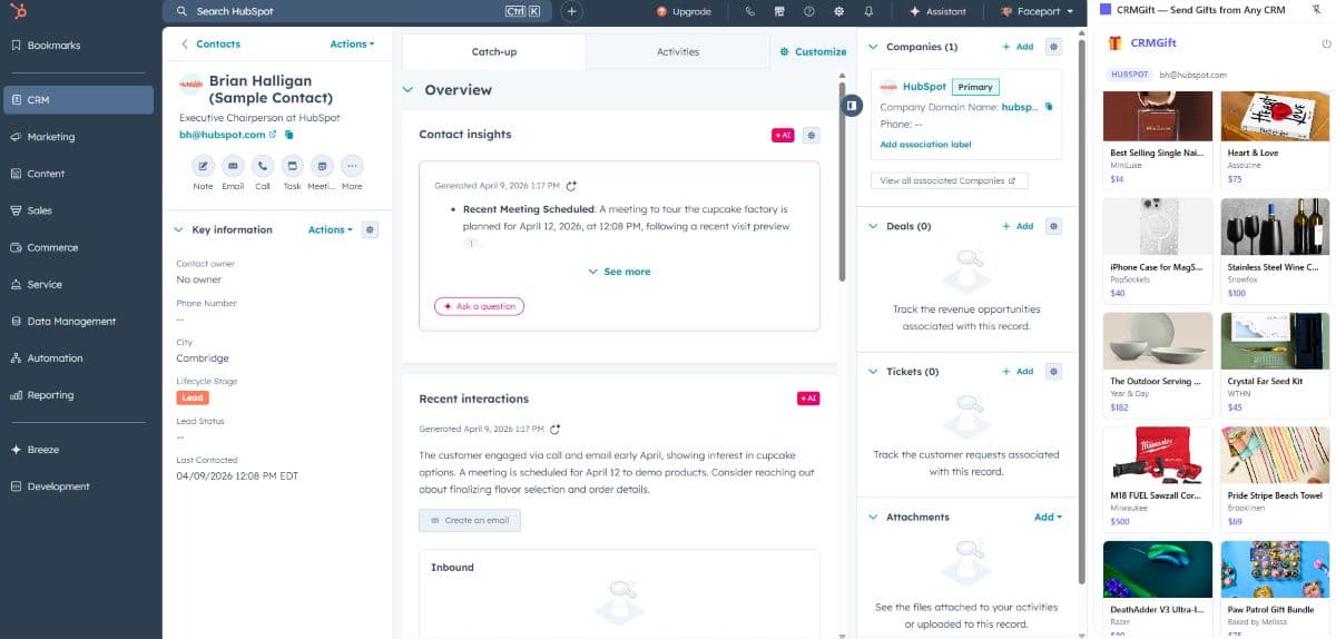 CRMGift extension showing gift selection inside HubSpot CRM contact page